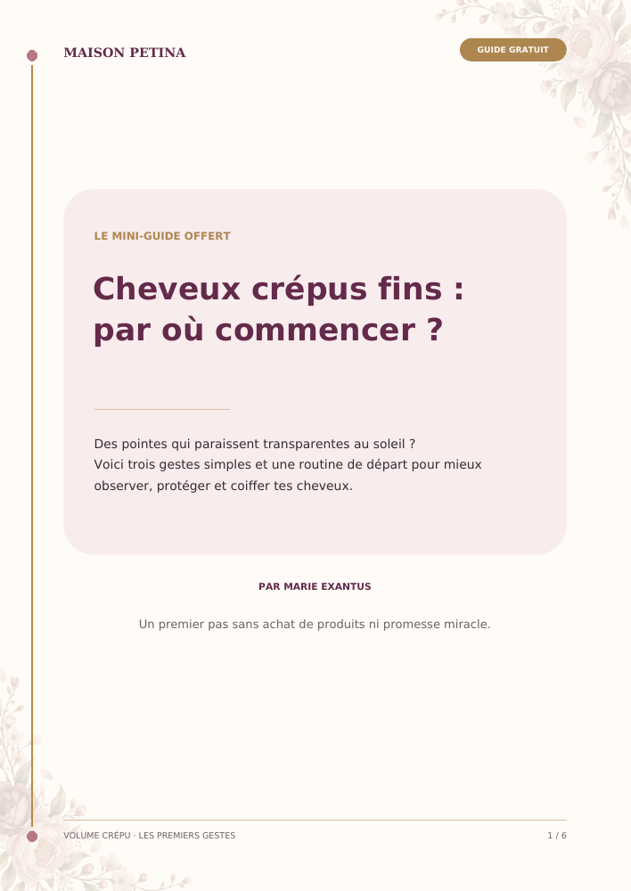 Couverture du mini-guide gratuit Maison Petina sur les cheveux crépus fins